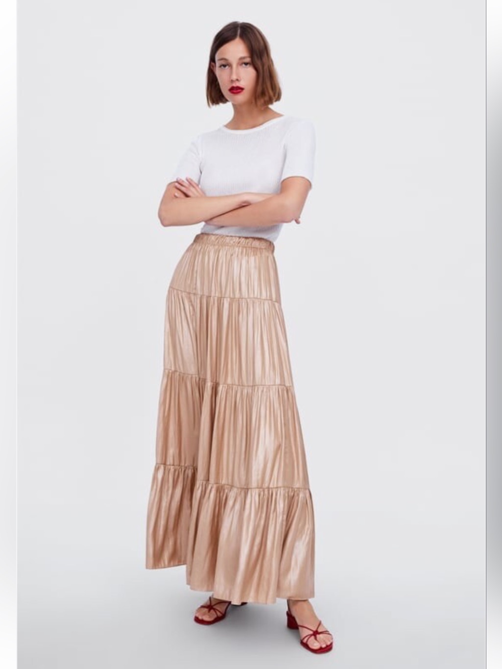 Zara Ruffled Tiered “Mink” Champagne Satin Maxi Skirt Medium